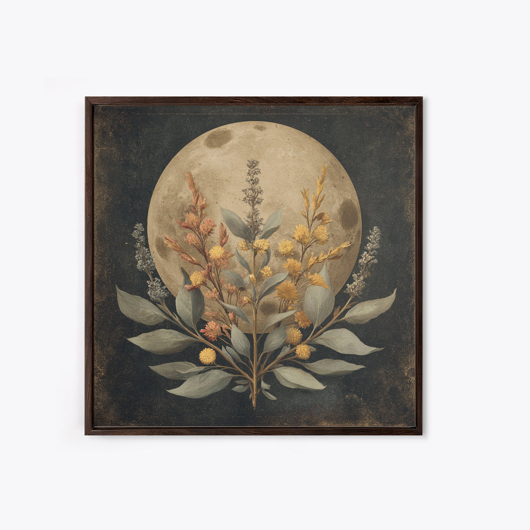 Dreamy Celestial Moon and Botanical Composition Canvas Print, Master Bedroom, Bedroom Wall Decor, Bedroom Decor, Sanctuary, MAS-1x1-11