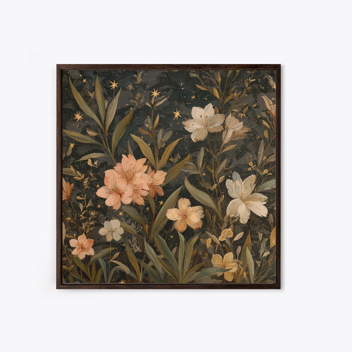 Night Garden with Pale Flowers and Stars Canvas Print, Master Bedroom, Farmhouse Decor, Bedroom Decor, Fine Art, Sanctuary, MAS-1x1-23