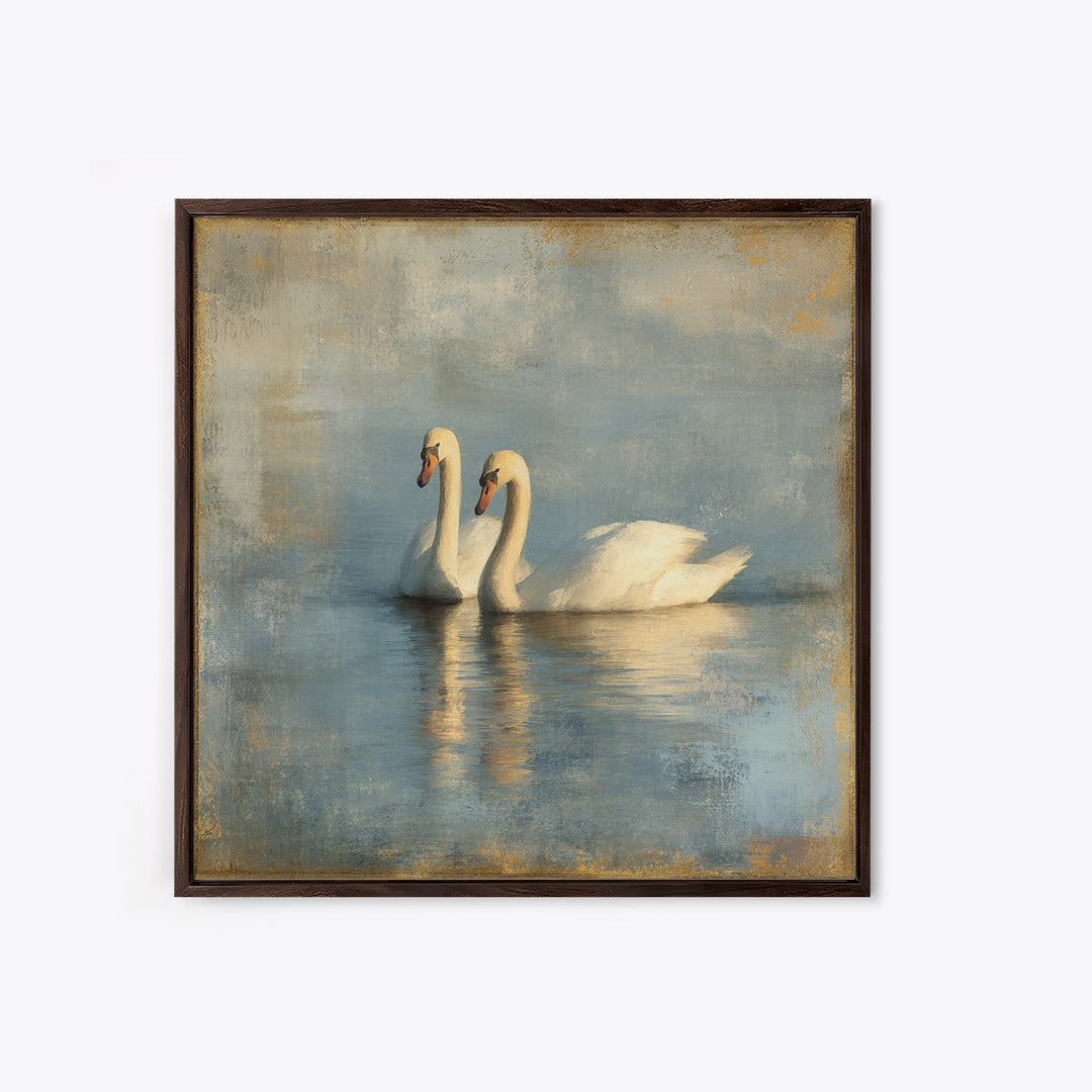 Romantic Swan Pair on Dark Water Framed Canvas Print, Master Bedroom, Living Room Prints, Bedroom Decor, Fine Art, Sanctuary, MAS-1x1-39