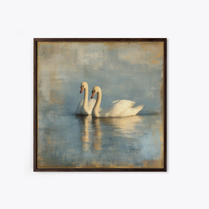 Romantic Swan Pair on Dark Water Framed Canvas Print, Master Bedroom, Living Room Prints, Bedroom Decor, Fine Art, Sanctuary, MAS-1x1-39