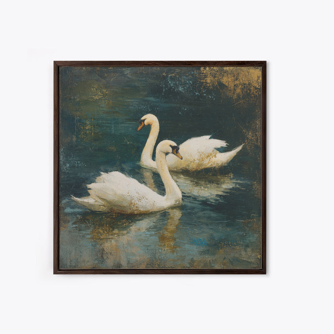 Romantic Swan Pair on Dark Water Framed Canvas Print, Master Bedroom, Neutral Decor, Bedroom Decor, Fine Art, Sanctuary, MAS-1x1-63
