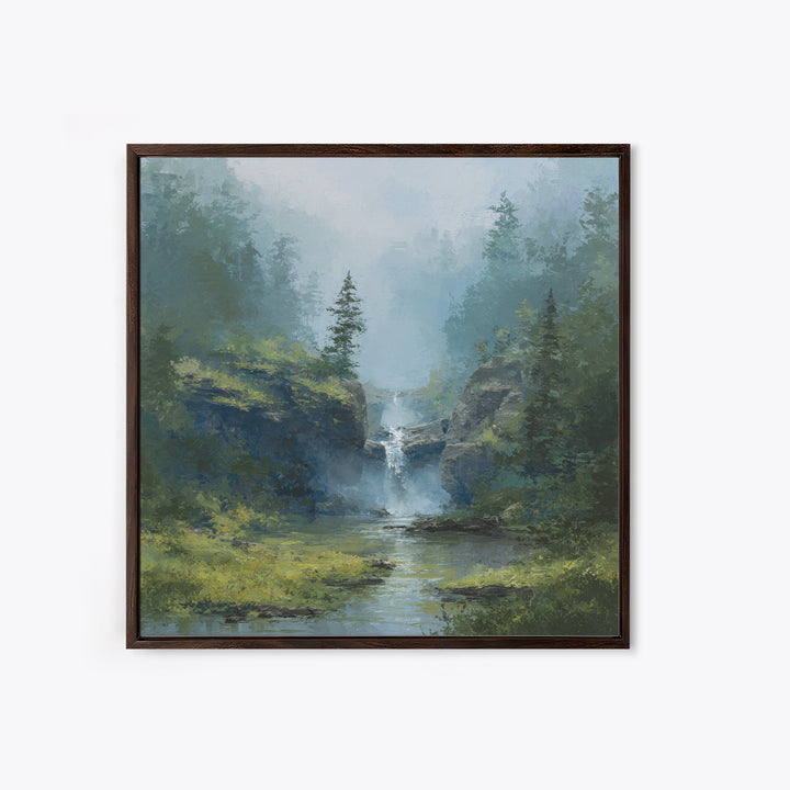 Peaceful Waterfall in Misty Green Forest Framed Canvas Print, Master Bedroom, Modern Decor, Bedroom Decor, Fine Art, Sanctuary, MAS-1x1-67