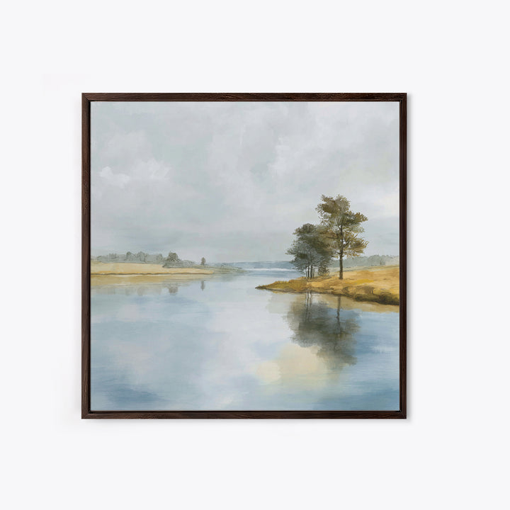 Serene Lake with Pale Morning Reflection Framed Canvas Print, Master Bedroom, Bedroom Wall Art, Bedroom Decor, Oil Painting, MAS-1x1-7