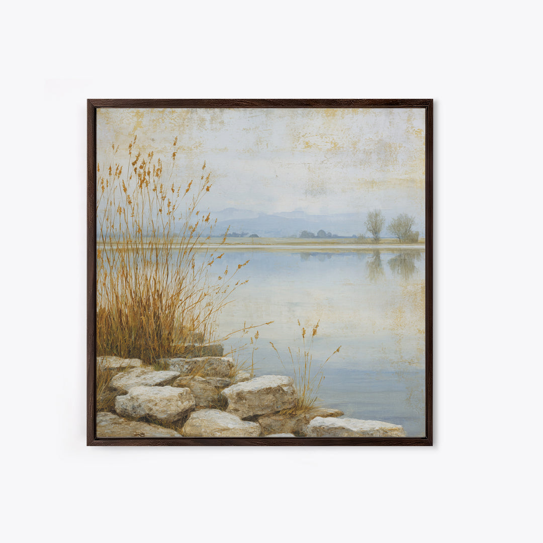 Serene Lake with Pale Morning Reflection Framed Canvas Print, Master Bedroom, Boho Decor, Bedroom Decor, Fine Art, Sanctuary, MAS-1x1-79