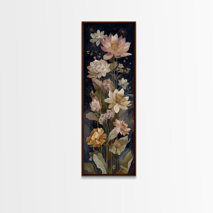 Night Garden with Pale Flowers and Stars Canvas Print, Master Bedroom, Minimalist Wall Art, Bedroom Decor, Fine Art, Sanctuary, MAS-1x3-11