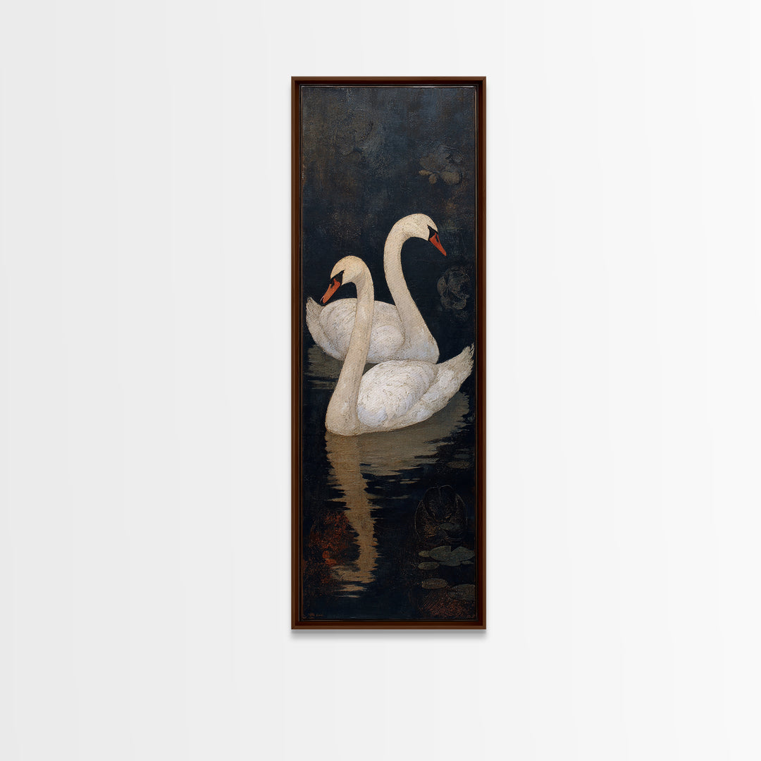 Romantic Swan Pair on Dark Water Framed Canvas Print, Master Bedroom, Wall Decal, Bedroom Decor, Watercolor Art, Sanctuary, MAS-1x3-3