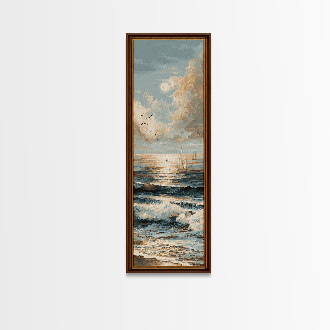 Elegant Moonlit Ocean Horizon Canvas Print, Master Bedroom, Minimalist Decor, Bedroom Decor, Oil Painting, Sanctuary, MAS-1x3-37