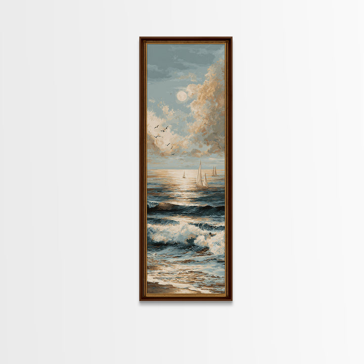 Elegant Moonlit Ocean Horizon Canvas Print, Master Bedroom, Minimalist Decor, Bedroom Decor, Oil Painting, Sanctuary, MAS-1x3-37