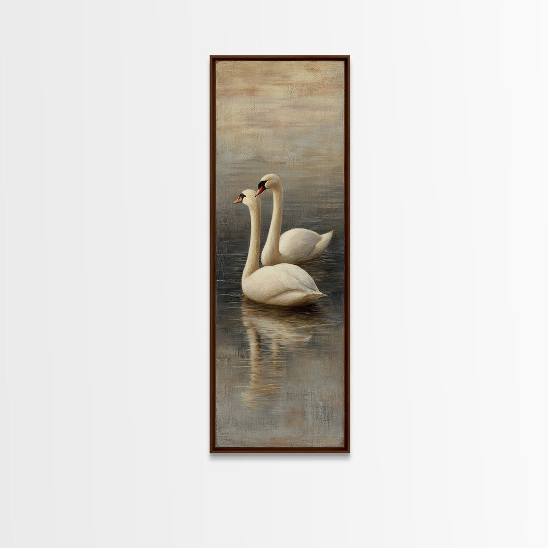 Romantic Swan Pair on Dark Water Framed Canvas Print, Master Bedroom, Neutral Decor, Bedroom Decor, Fine Art, Sanctuary, MAS-1x3-75