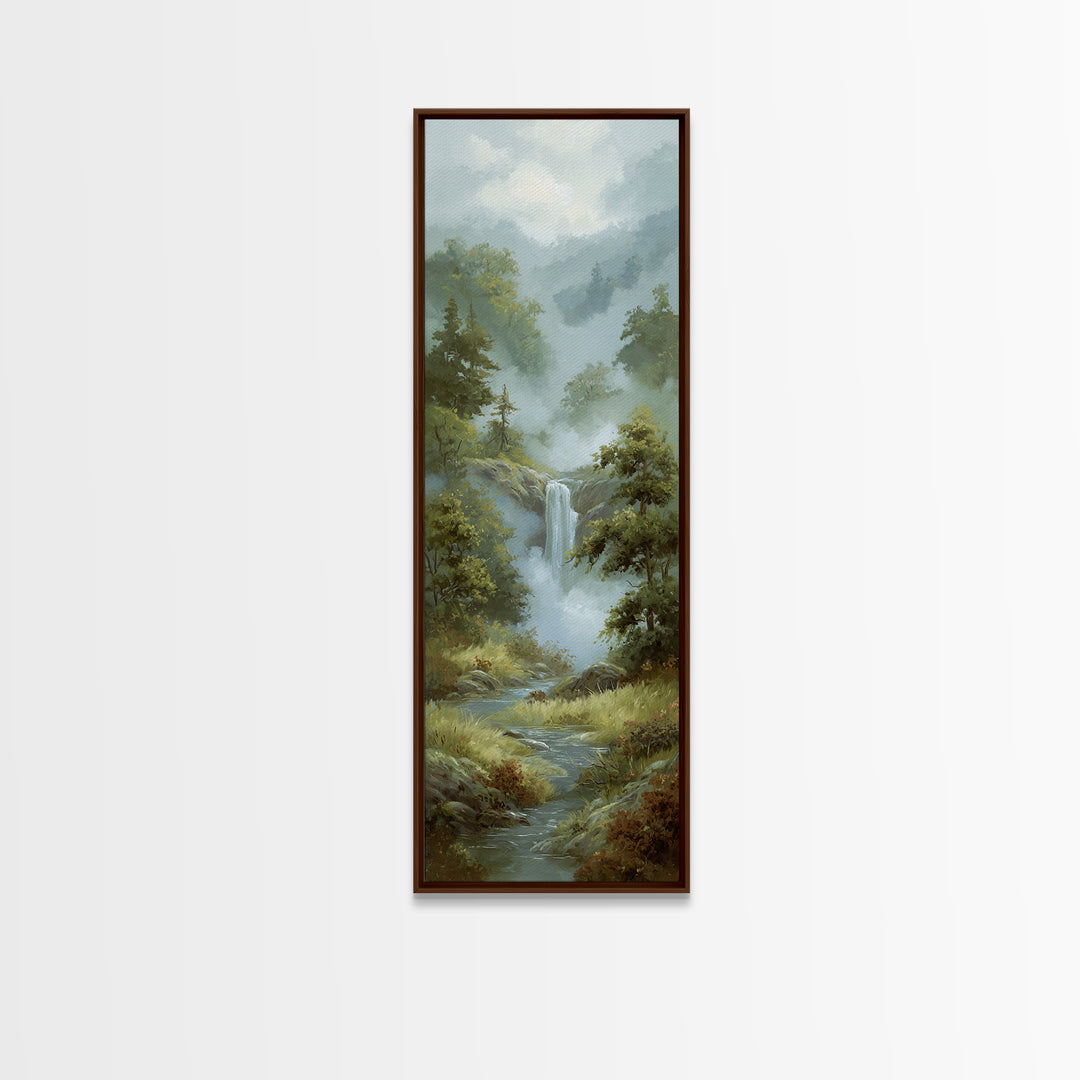 Peaceful Waterfall in Misty Green Forest Canvas Print, Master Bedroom, Above Bed Wall Decor, Bedroom Decor, Sanctuary, MAS-1x3-79