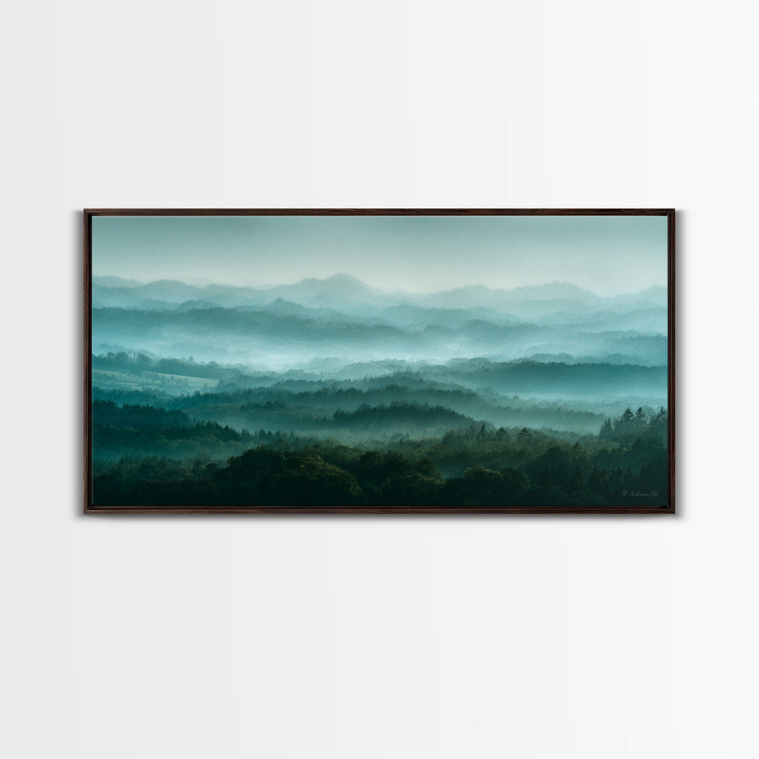 Calm Misty Forest Panorama Framed Canvas Print, Master Bedroom, Minimalist Decor, Bedroom Decor, Oil Painting, Sanctuary, MAS-2x1-24