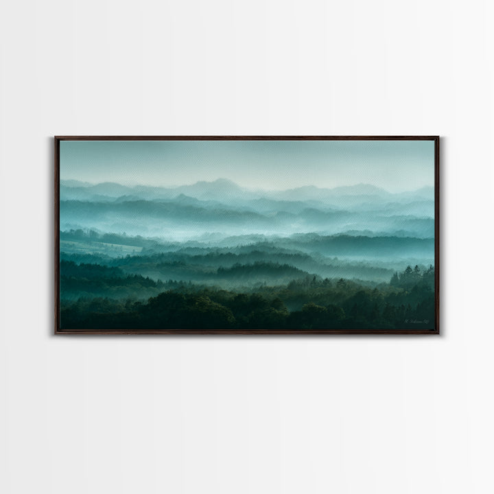 Calm Misty Forest Panorama Framed Canvas Print, Master Bedroom, Minimalist Decor, Bedroom Decor, Oil Painting, Sanctuary, MAS-2x1-24