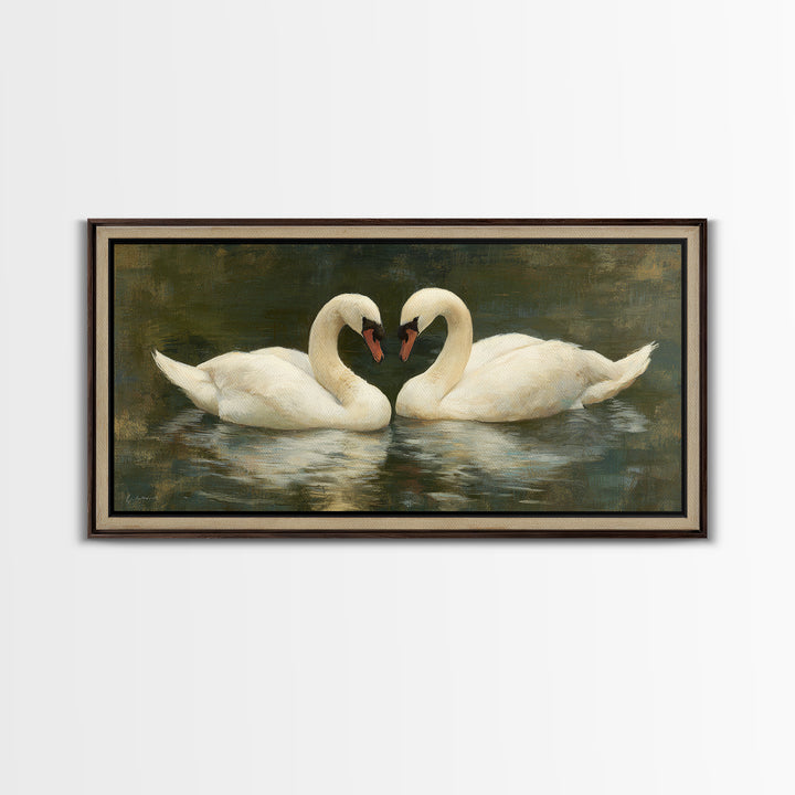 Romantic Swan Pair on Dark Water Framed Canvas Print, Master Bedroom, Wall Art, Bedroom Decor, Oil Painting, Sanctuary, MAS-2x1-35