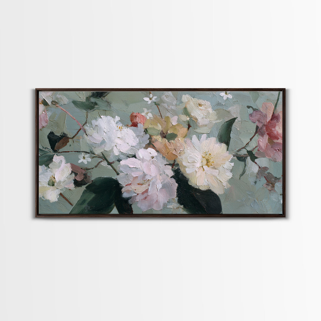 Night Garden with Pale Flowers and Stars Framed Canvas Print, Master Bedroom, Bedroom Decor, Oil Painting, Sanctuary, MAS-2x1-43