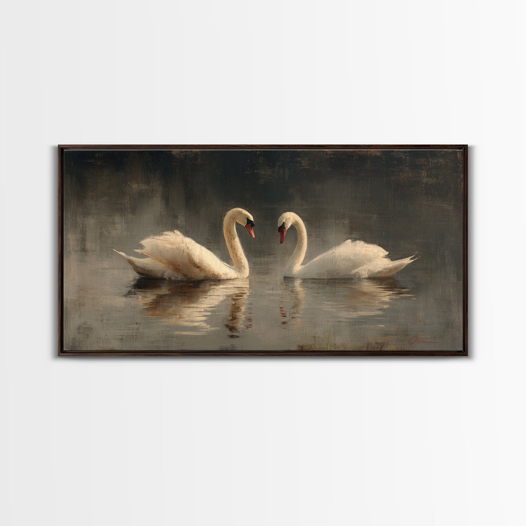 Romantic Swan Pair on Dark Water Framed Canvas Print, Master Bedroom, Bedroom, Bedroom Decor, Watercolor Art, Sanctuary, MAS-2x1-59