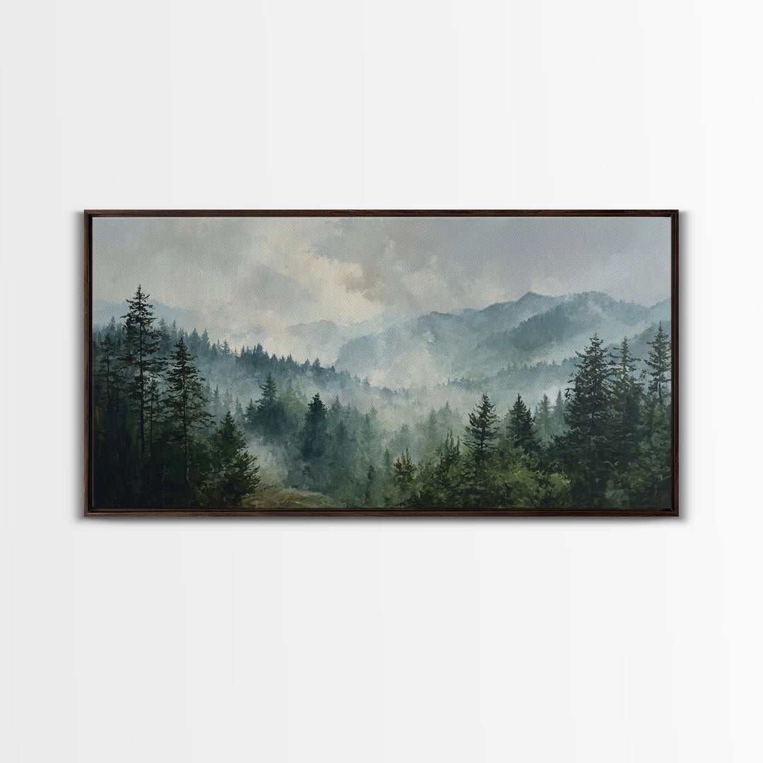 Calm Misty Forest Panorama Framed Canvas Print, Master Bedroom, Printable Art, Bedroom Decor, Sanctuary, Wall Art Bedroom, MAS-2x1-72