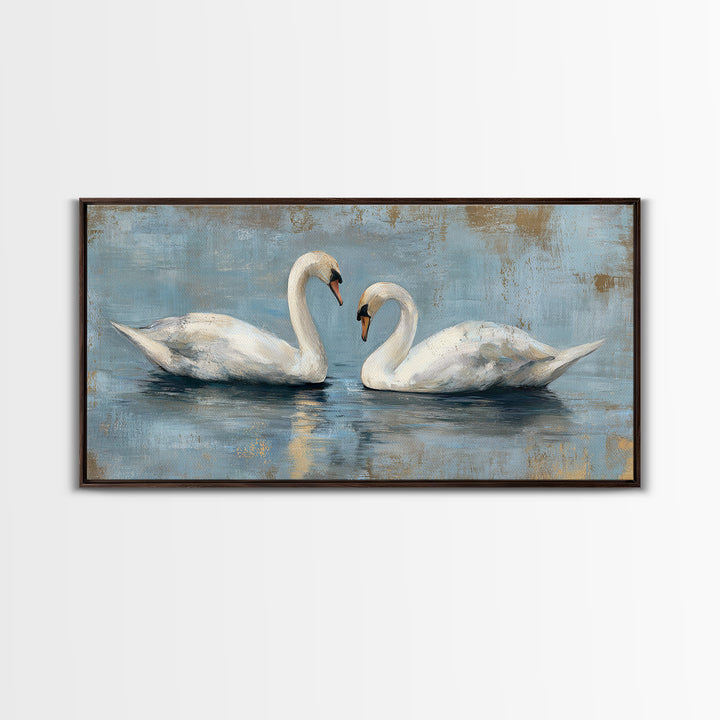 Romantic Swan Pair on Dark Water Framed Canvas Print, Master Bedroom, Art Print, Bedroom Decor, Sanctuary, Above Bed Decor, MAS-2x1-83