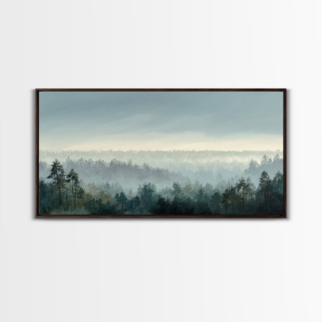 Calm Misty Forest Panorama Framed Canvas Print, Master Bedroom, Wall Decor Bedroom, Bedroom Decor, Fine Art, Sanctuary, MAS-2x1-96