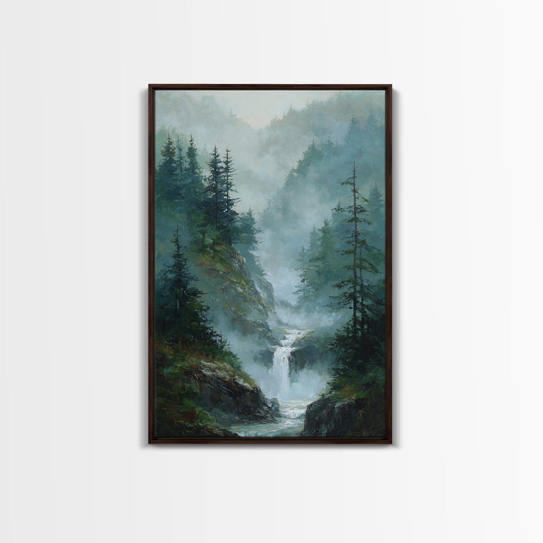 Peaceful Waterfall in Misty Green Forest Framed Canvas Print, Master Bedroom, Room Decor, Bedroom Decor, Fine Art, Sanctuary, MAS-2x3-3