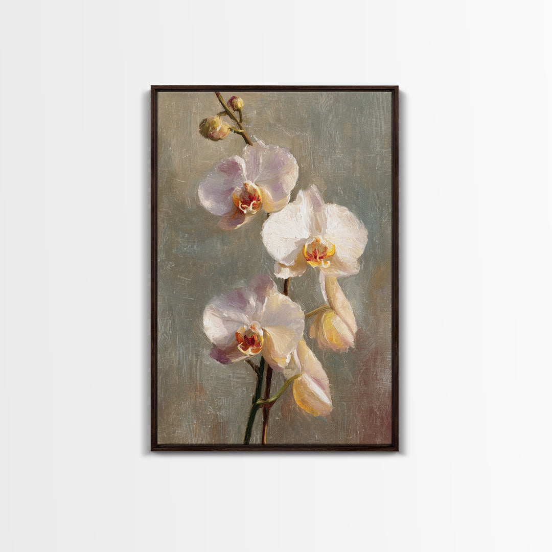White Orchids Against Warm Gray Background Framed Canvas Print, Master Bedroom, Canvas Print, Bedroom Decor, Abstract Art, MAS-2x3-41