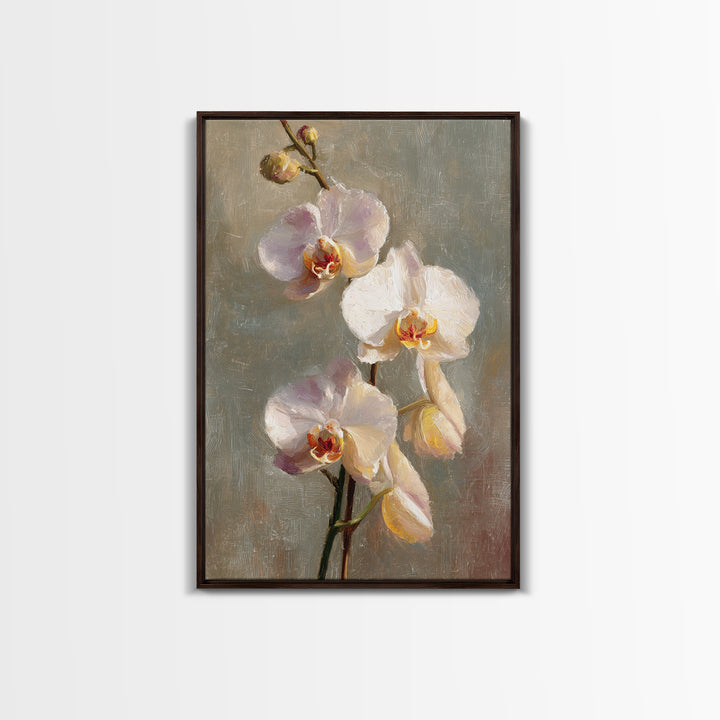 White Orchids Against Warm Gray Background Framed Canvas Print, Master Bedroom, Canvas Print, Bedroom Decor, Abstract Art, MAS-2x3-41