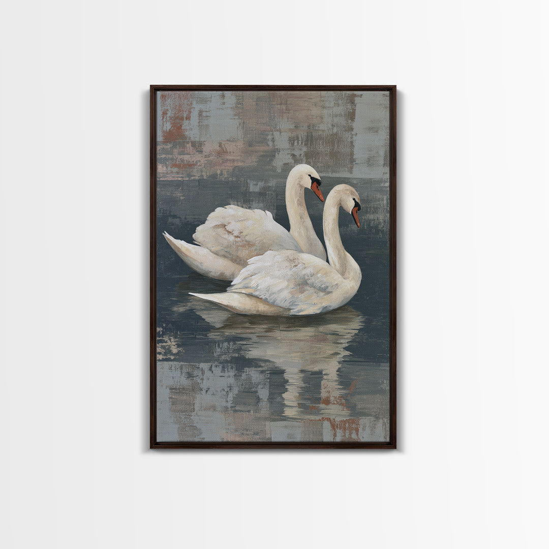 Romantic Swan Pair on Dark Water Framed Canvas Print, Master Bedroom, Canvas Print, Bedroom Decor, Abstract Art, Sanctuary, MAS-2x3-47