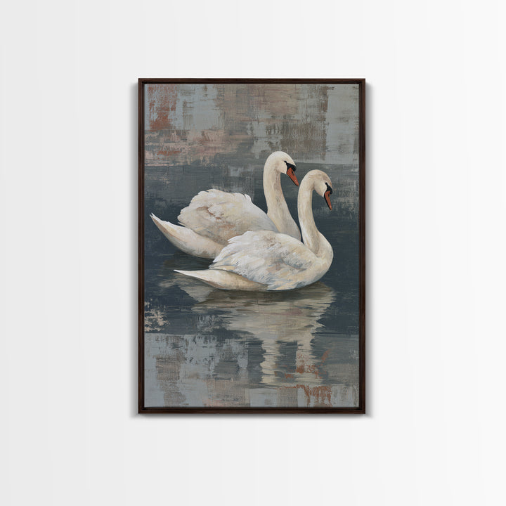 Romantic Swan Pair on Dark Water Framed Canvas Print, Master Bedroom, Canvas Print, Bedroom Decor, Abstract Art, Sanctuary, MAS-2x3-47