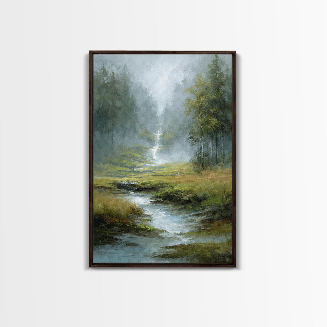 Peaceful Waterfall in Misty Green Forest Framed Canvas Print, Master Bedroom, Wedding Decor, Bedroom Decor, Fine Art, Sanctuary, MAS-2x3-51