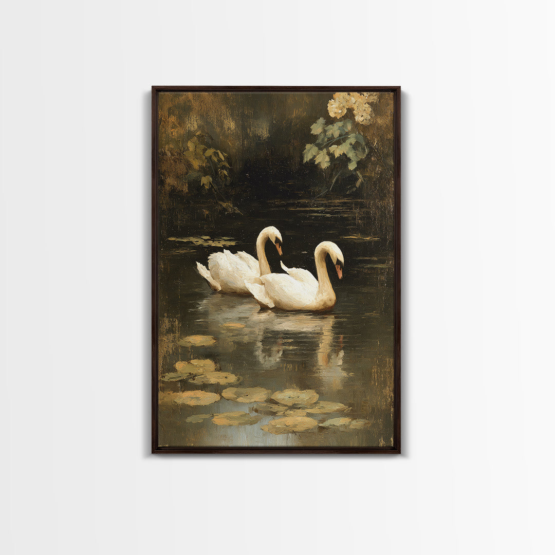 Romantic Swan Pair on Dark Water Canvas Print, Master Bedroom, Over Bed Wall Art, Bedroom Decor, Oil Painting, Sanctuary, MAS-2x3-95