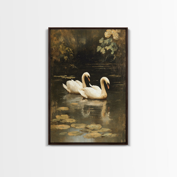 Romantic Swan Pair on Dark Water Canvas Print, Master Bedroom, Over Bed Wall Art, Bedroom Decor, Oil Painting, Sanctuary, MAS-2x3-95