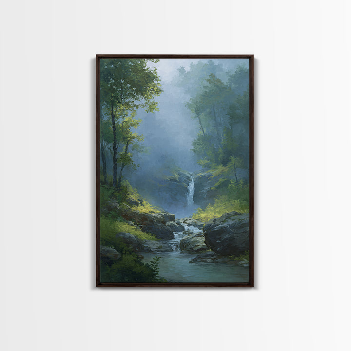 Peaceful Waterfall in Misty Green Forest Canvas Print, Master Bedroom, Above Bed Wall Art, Bedroom Decor, Fine Art, Sanctuary, MAS-2x3-99