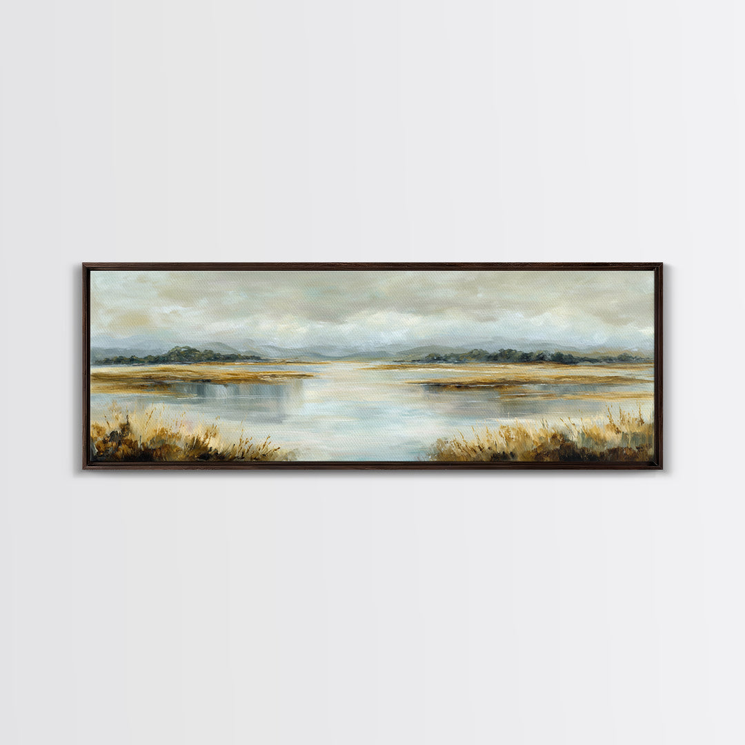 Serene Lake with Pale Morning Reflection Framed Canvas Print, Master Bedroom, Room Decor, Bedroom Decor, Fine Art, Sanctuary, MAS-3x1-23