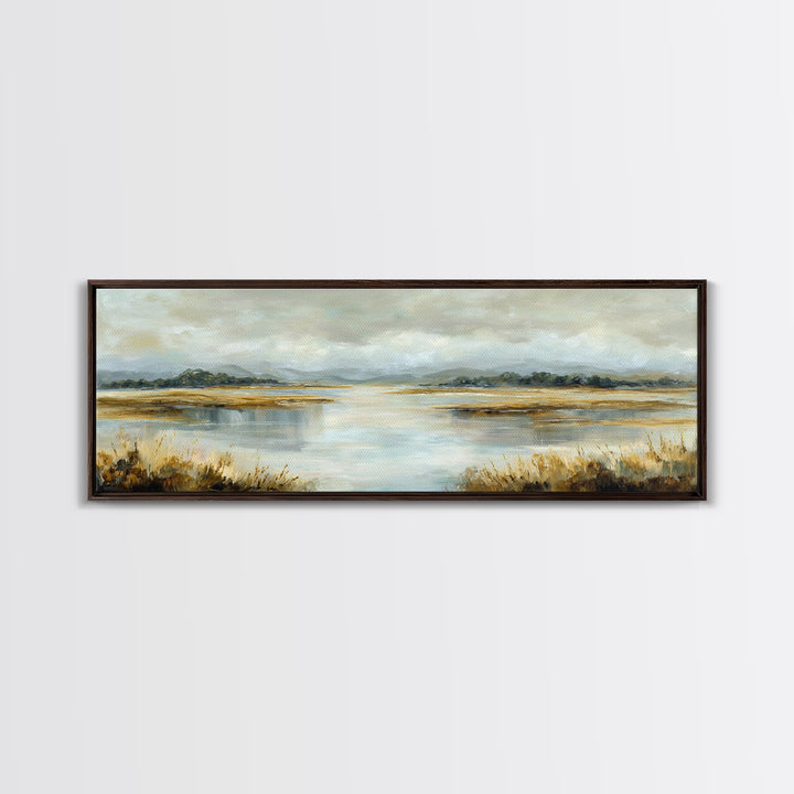 Serene Lake with Pale Morning Reflection Framed Canvas Print, Master Bedroom, Room Decor, Bedroom Decor, Fine Art, Sanctuary, MAS-3x1-23