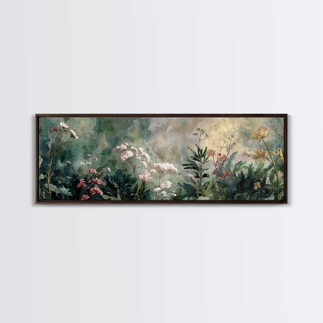 Dreamy Celestial Moon and Botanical Composition Framed Canvas Print, Master Bedroom, Bedroom Decor, Oil Painting, Sanctuary, MAS-3x1-51