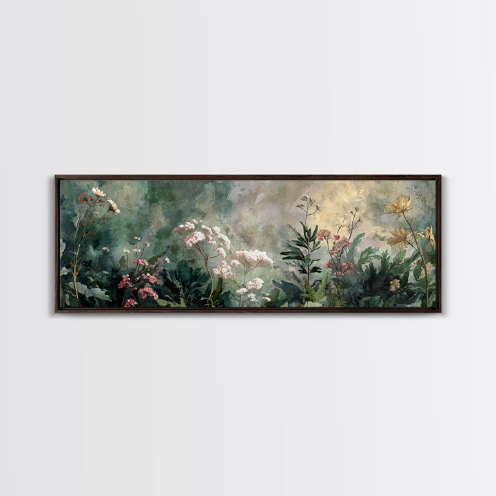 Dreamy Celestial Moon and Botanical Composition Framed Canvas Print, Master Bedroom, Bedroom Decor, Oil Painting, Sanctuary, MAS-3x1-51