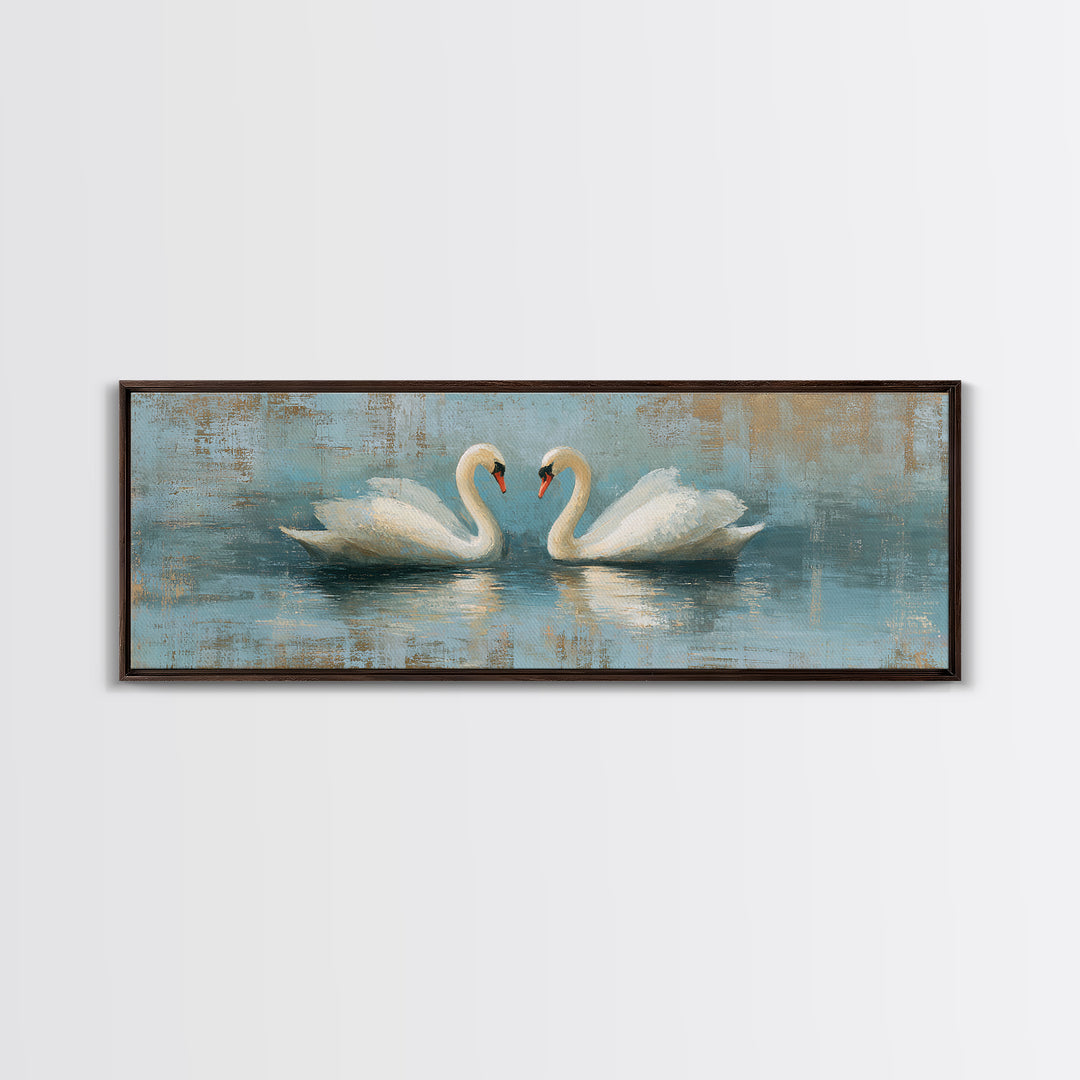 Romantic Swan Pair on Dark Water Framed Canvas Print, Master Bedroom, Art Print, Bedroom Decor, Sanctuary, Above Bed Decor, MAS-3x1-55