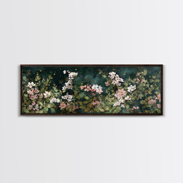 Night Garden with Pale Flowers and Stars Framed Canvas Print, Master Bedroom, Bedroom Decor, Watercolor Art, Sanctuary, MAS-3x1-63