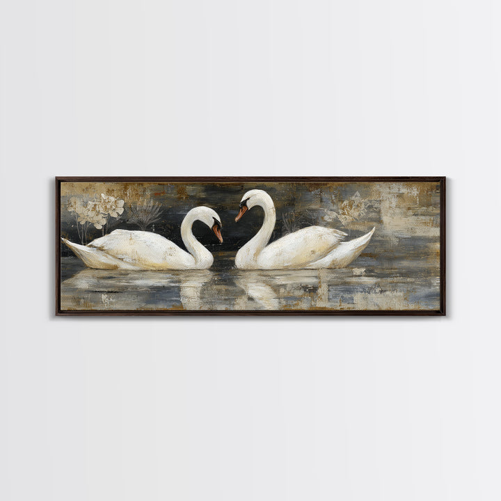 Romantic Swan Pair on Dark Water Framed Canvas Print, Master Bedroom, Statement Artwork, Bedroom Decor, Fine Art, Sanctuary, MAS-3x1-7