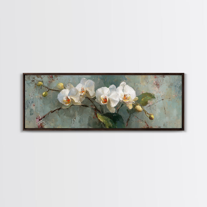White Orchids Against Warm Gray Background Framed Canvas Print, Master Bedroom, Neutral Decor, Bedroom Decor, Sanctuary, MAS-3x1-73