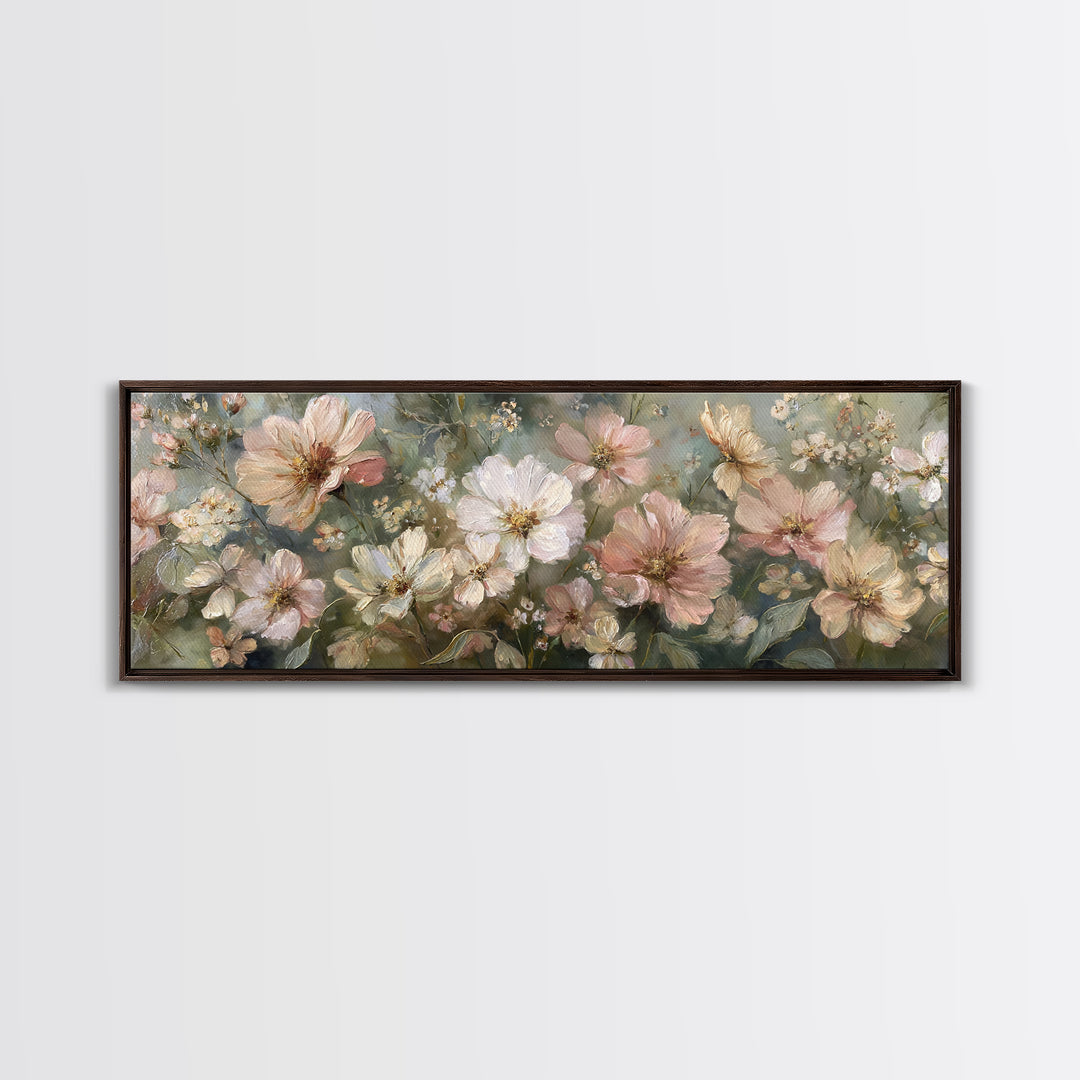Night Garden with Pale Flowers and Stars Framed Canvas Print, Master Bedroom, Farmhouse Decor, Bedroom Decor, Sanctuary, MAS-3x1-87
