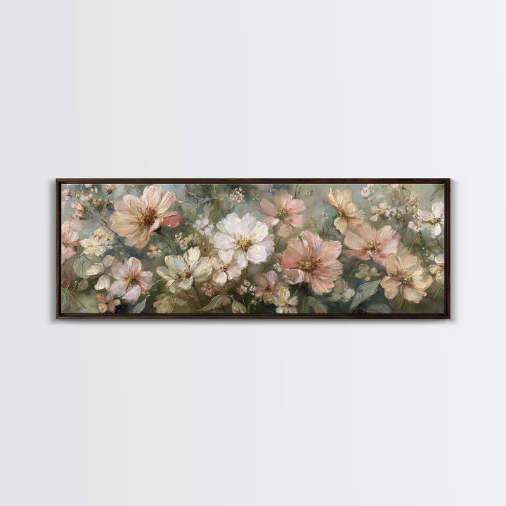 Night Garden with Pale Flowers and Stars Framed Canvas Print, Master Bedroom, Farmhouse Decor, Bedroom Decor, Sanctuary, MAS-3x1-87