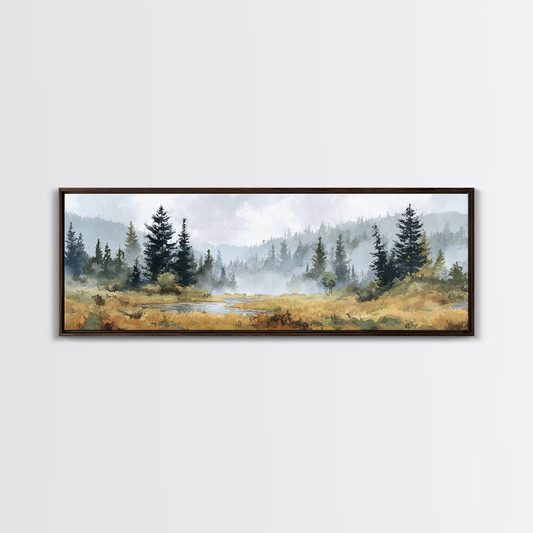 Calm Misty Forest Panorama Canvas Print, Master Bedroom, Wedding Decor, Bedroom Decor, Fine Art, Sanctuary, Rustic Home Decor, MAS-3x1-92
