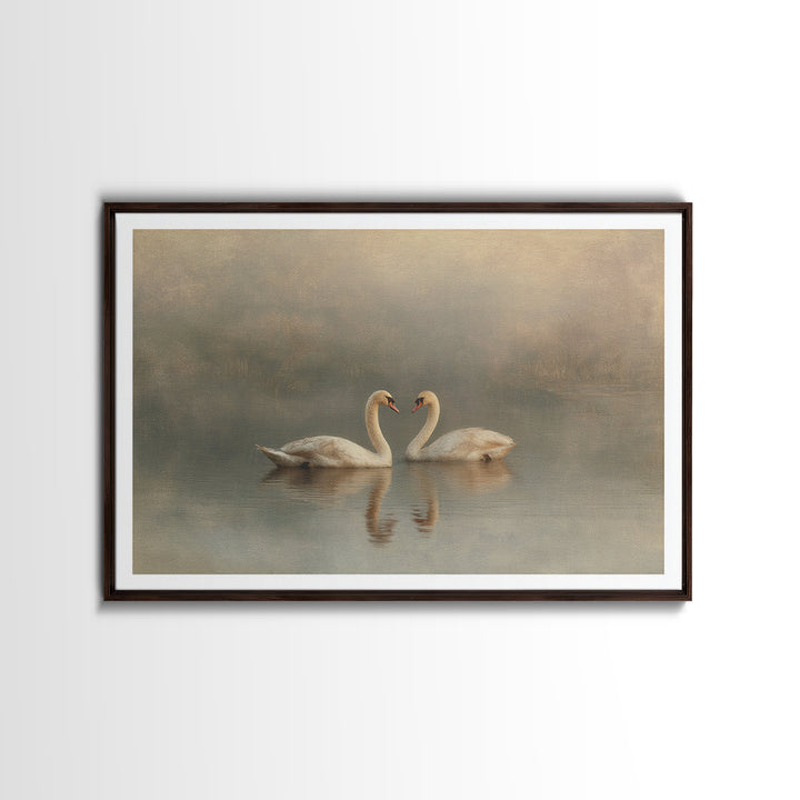 Romantic Swan Pair on Dark Water Framed Canvas Print, Master Bedroom, Statement Artwork, Bedroom Decor, Fine Art, Sanctuary, MAS-3x2-19