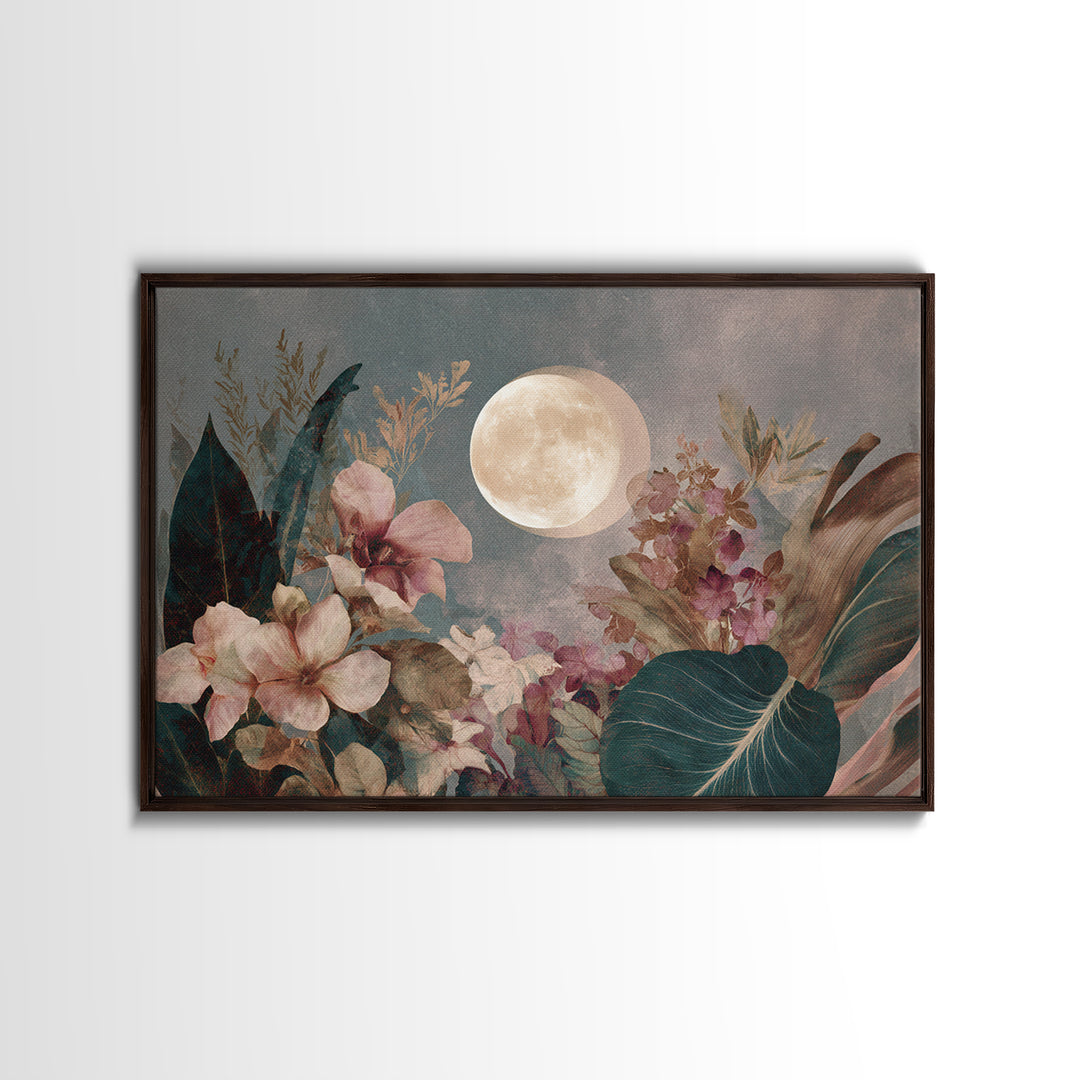 Dreamy Celestial Moon and Botanical Composition Canvas Print, Master Bedroom, Contemporary Art, Bedroom Decor, Sanctuary, MAS-3x2-39