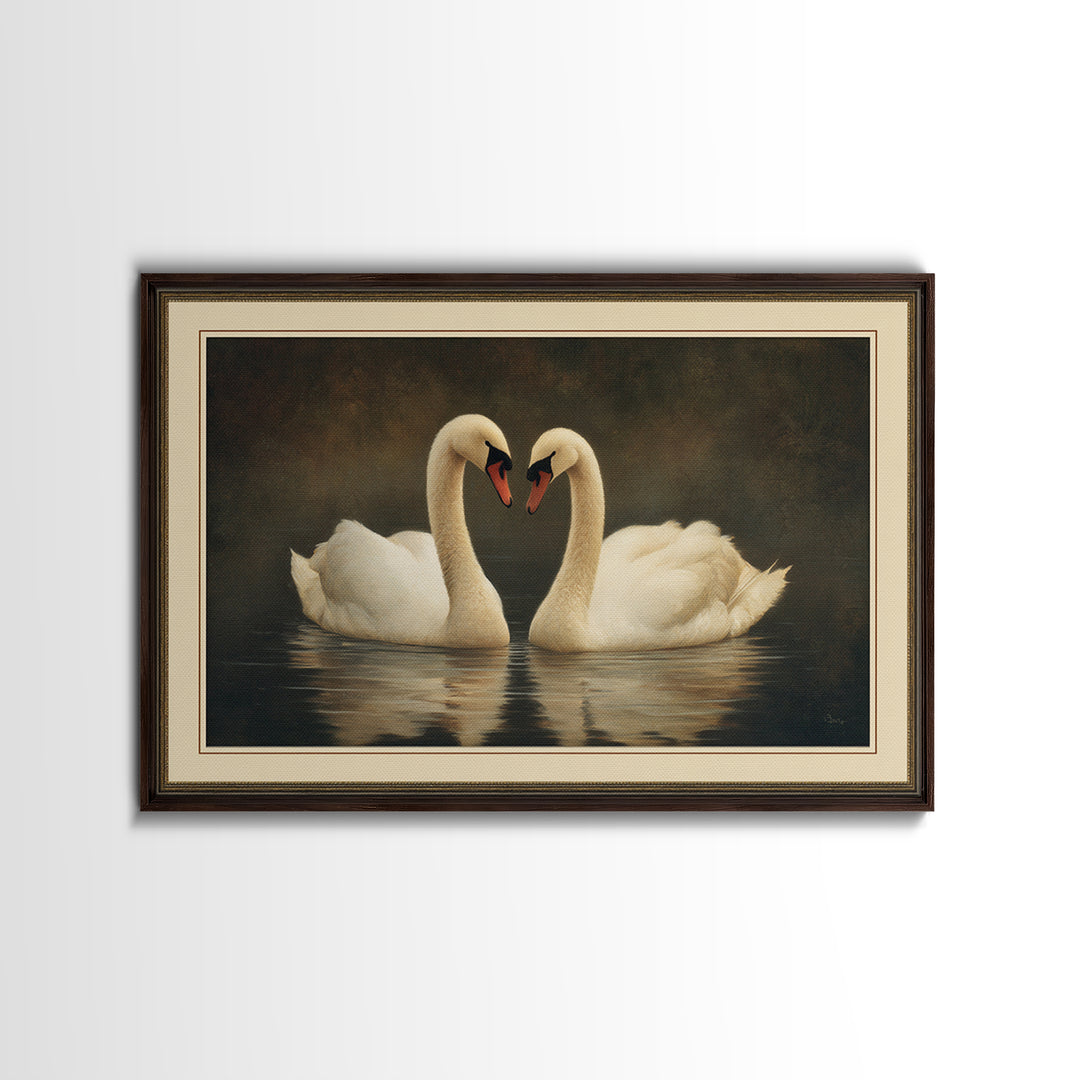Romantic Swan Pair on Dark Water Canvas Print, Master Bedroom, Wall Decal, Bedroom Decor, Watercolor Art, Sanctuary, MAS-3x2-67