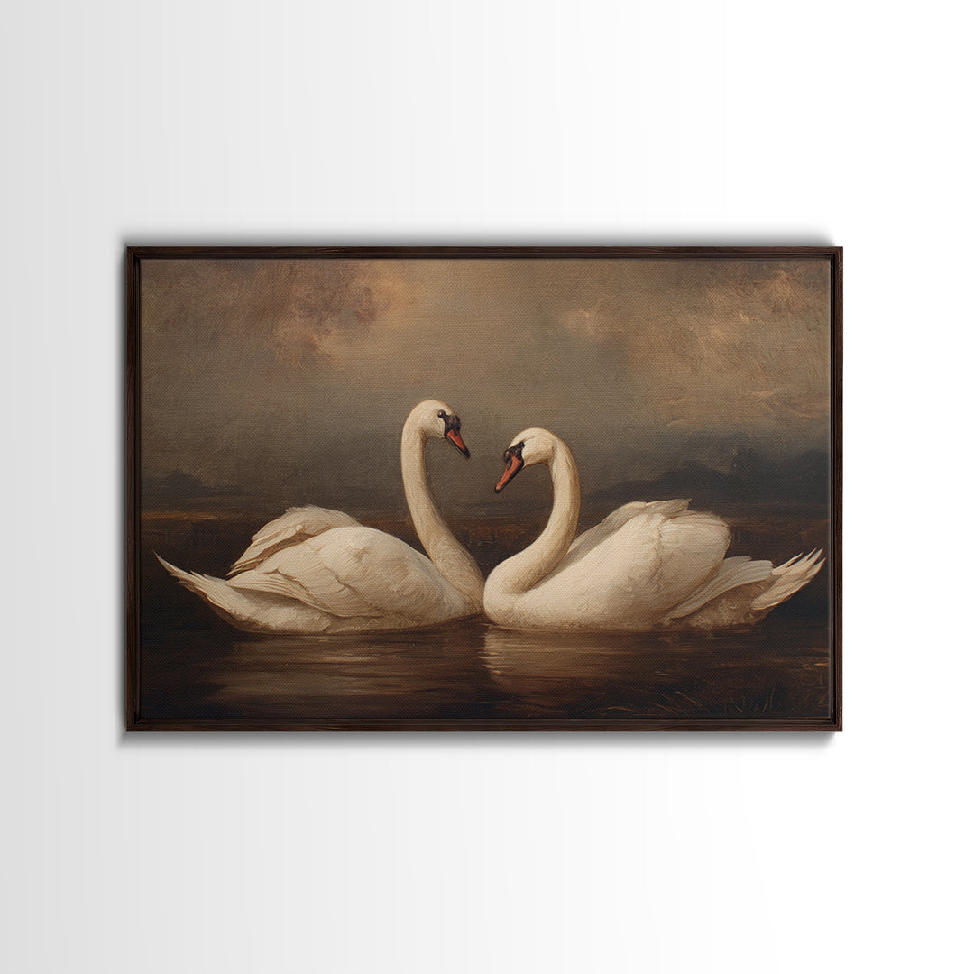 Romantic Swan Pair on Dark Water Framed Canvas Print, Master Bedroom, Farmhouse Wall Decor, Bedroom Decor, Oil Painting, MAS-3x2-91