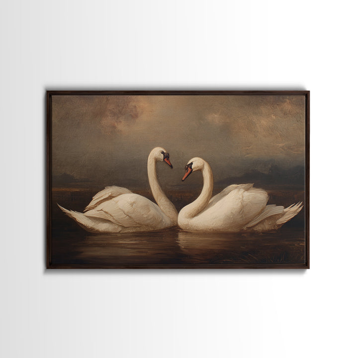 Romantic Swan Pair on Dark Water Framed Canvas Print, Master Bedroom, Farmhouse Wall Decor, Bedroom Decor, Oil Painting, MAS-3x2-91