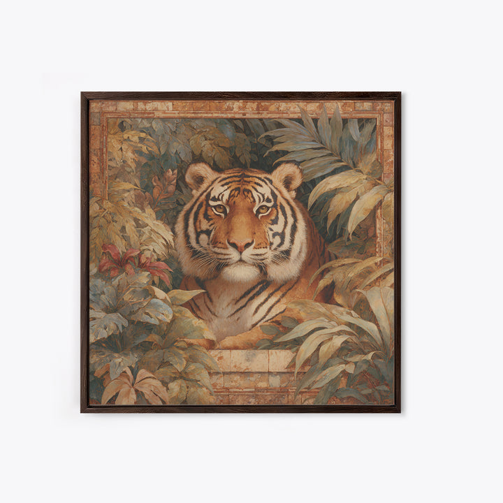 Bold Patterned Tiger Surrounded by Tropical Leaves Canvas Print, Maximalist Art, Moody Wall Art, Living Room Decor, Maximal, MAX-1x1-26