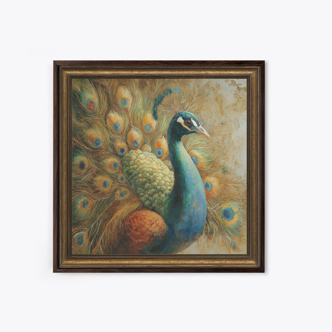 Dramatic Peacock with Oversized Feather Pattern Framed Canvas Print, Maximalist Art, Gallery Decor, Living Room Decor, Maximal, MAX-1x1-32