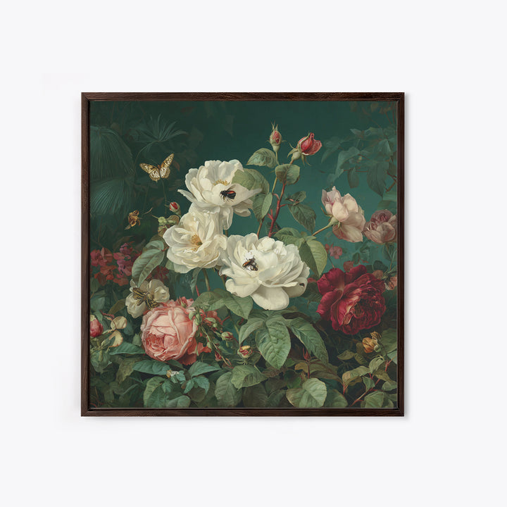 Lush Garden Wall of Roses Palms and Framed Canvas Print, Maximalist Art, Gallery Decor, Living Room Decor, Fine Art, Maximal, MAX-1x1-38